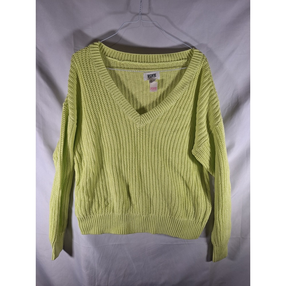 PINK‎ Victoria's Secret V Neck Ribbed Knit Cotton Sweater Size L
